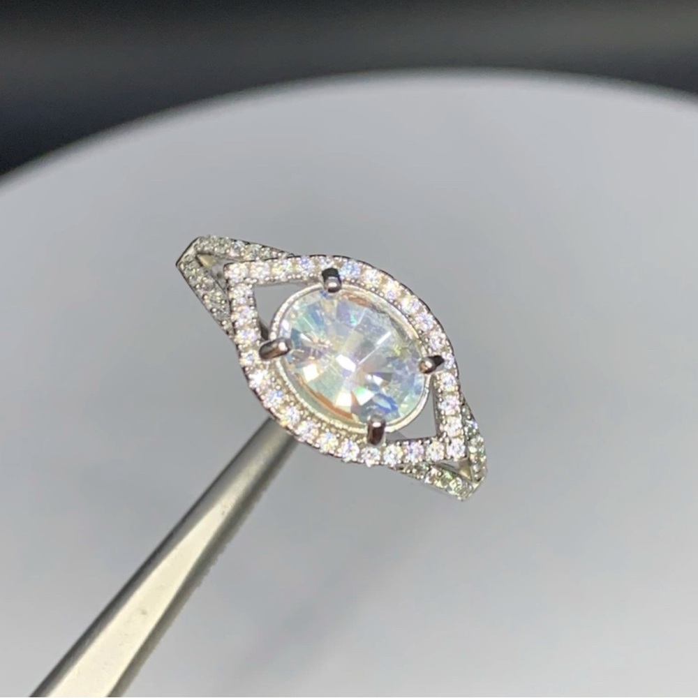 Stunning Rainbow Moonstone Halo Ring • 925 Silver • Sz 8 • Art Deco
